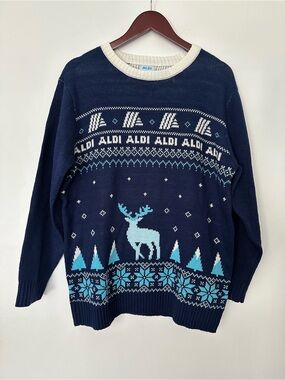 ALDI Men's Navy Holiday Crewneck Sweater with Reindeer Motif